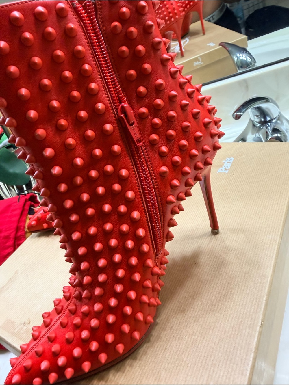Christian Louboutin Red Spiked Stiletto Ankle Boots